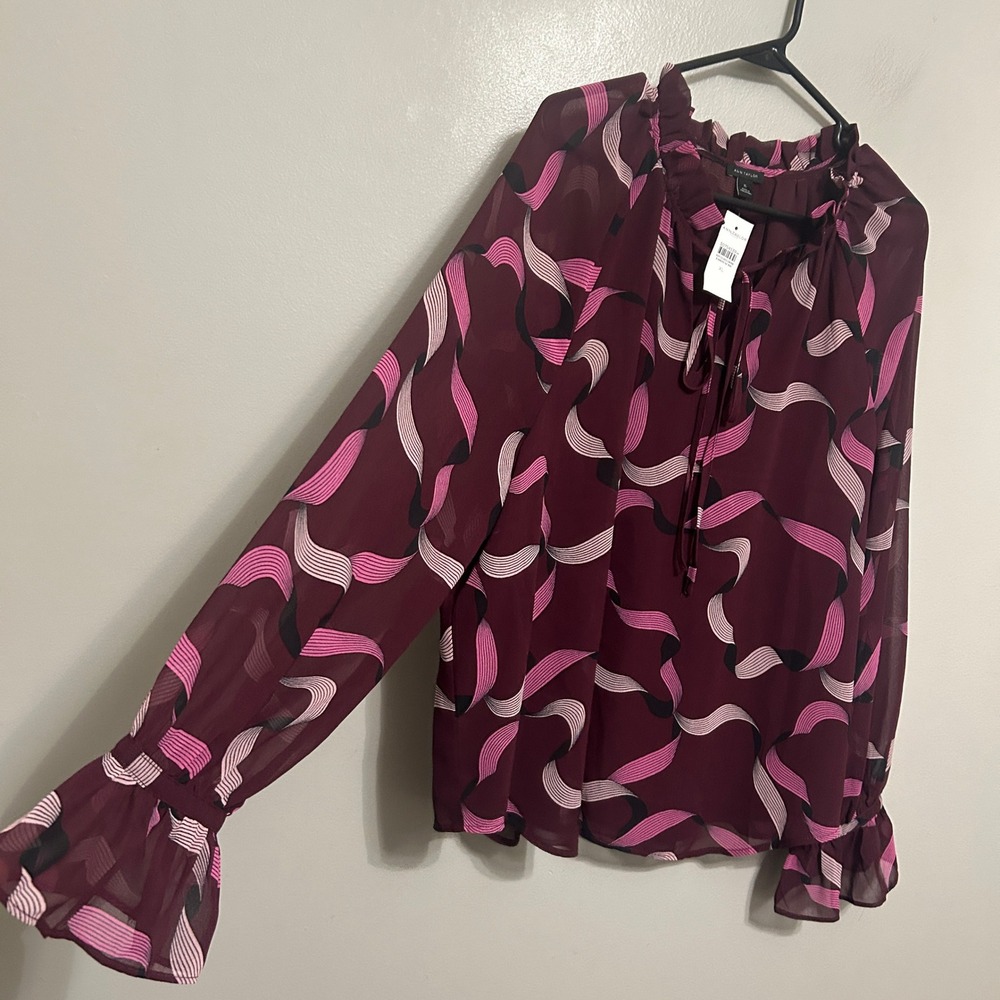 Ann Taylor Blouse Womens XL Burgundy Pink NWT Abstract Ribbon Ruffle Tie Neck - Picture 2 of 9